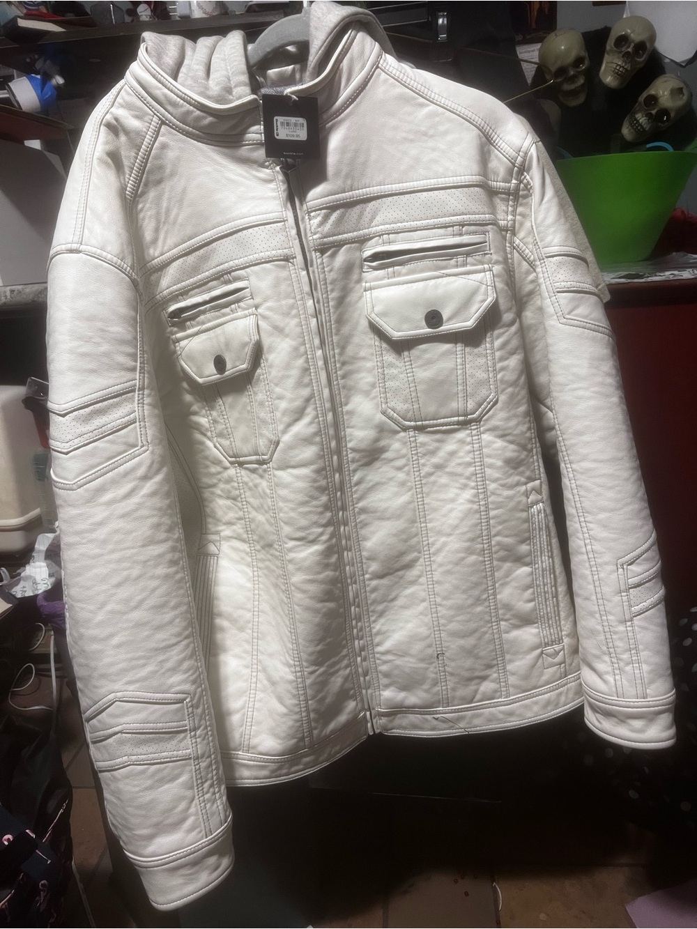 White Faux-Leather Quilted Jacket - buckle 2x coat